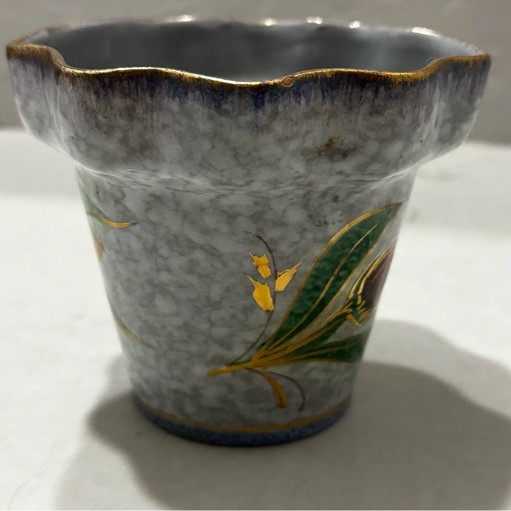 Vintage Italian Hand Painted Planter Marbled Blue Gold Rim Red Flower ITALY